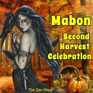 Mabon Second Harvest Celebration artwork with dark goddess, crow, and autumn forest – promoting The Zen Shop’s free Autumn Equinox ritual in Oshawa.