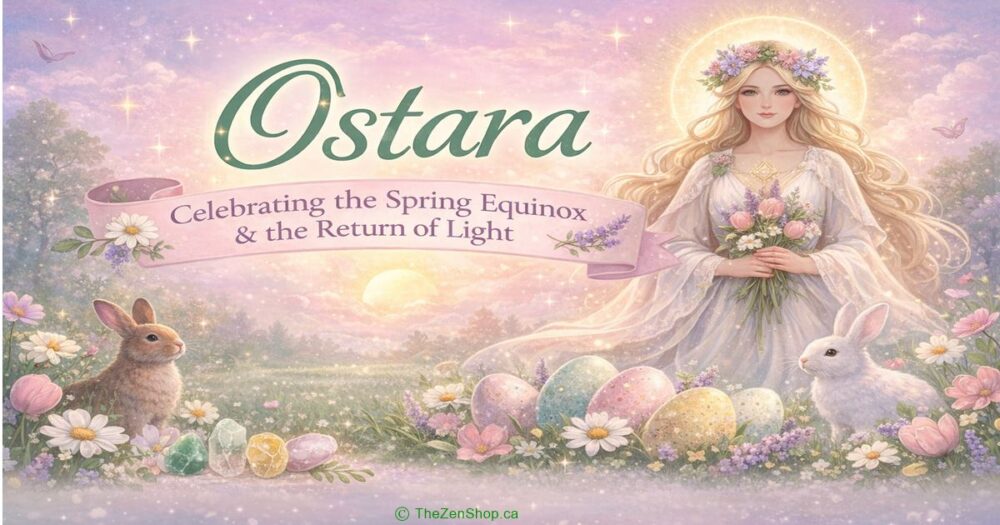 Ostara Spring Equinox goddess Eostre with rabbits, pastel eggs, flowers and crystals in a soft magical landscape representing renewal and rebirth
