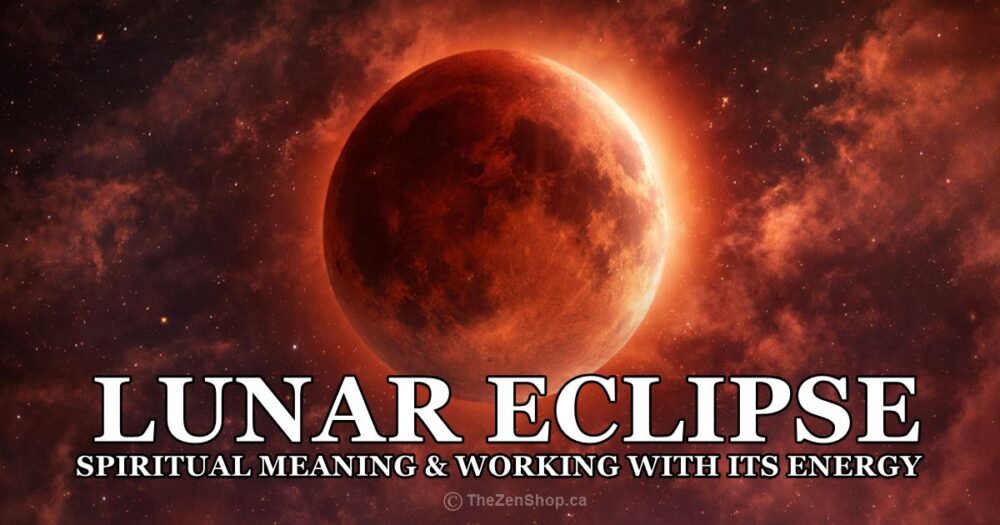 Lunar Eclipse spiritual meaning banner with Blood Moon and cosmic sky background – Astrology blog by The Zen Shop Oshawa