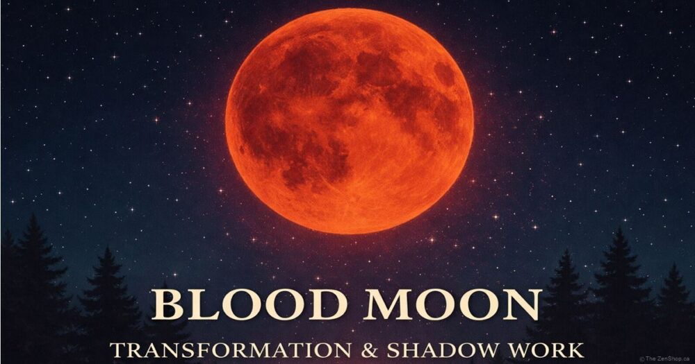 Blood Moon lunar eclipse glowing red above forest symbolizing transformation and shadow work energy