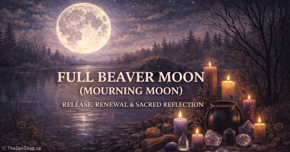 Full Beaver Moon glowing over a peaceful river with candles, crystals, and an altar symbolizing release, renewal, and sacred reflection