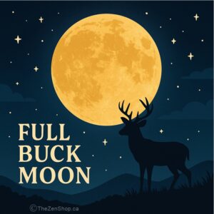 Full Buck Moon illustration with a glowing yellow moon and a silhouetted buck against a starry night sky