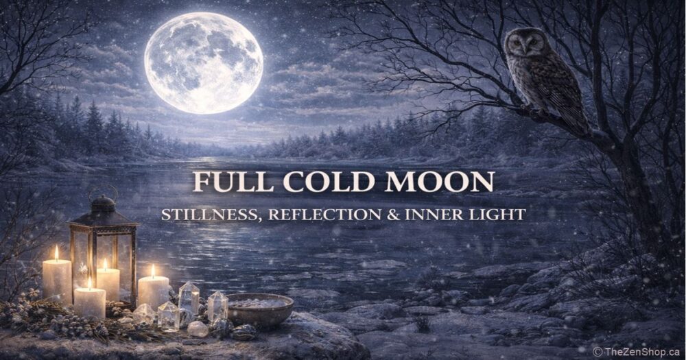 Full Cold Moon glowing over a snowy river with bare trees, an owl in the branches, and a minimalist altar with candles and crystals