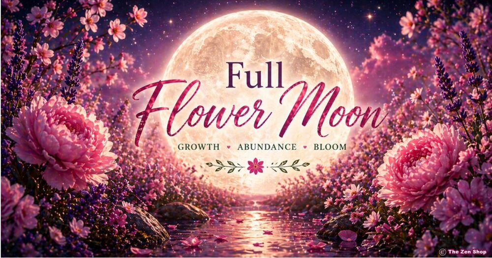 Full Flower Moon spiritual meaning with blooming flowers and luminous moon over water, representing growth, abundance and manifestation energy