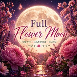 Full Flower Moon meaning with pink spring flowers and glowing moonlight, symbolizing growth, abundance and spiritual energy