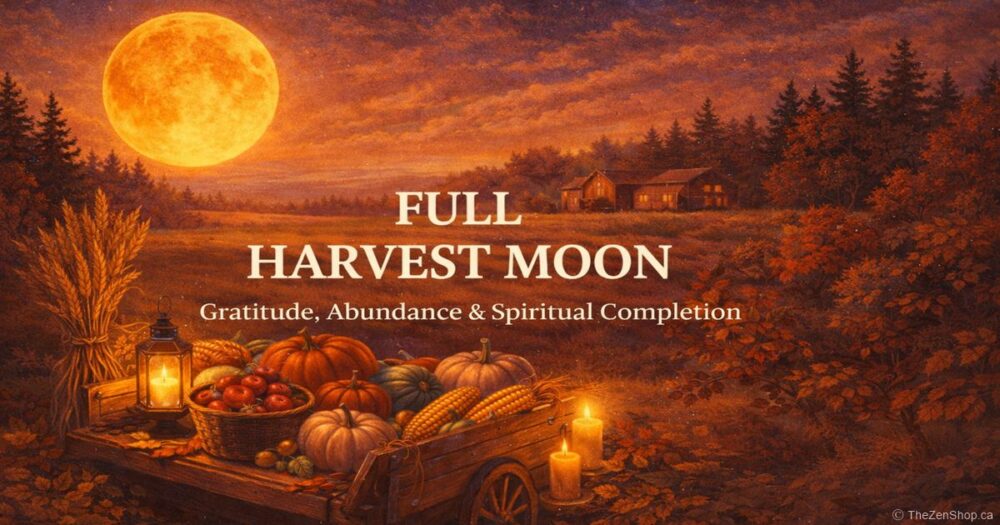 Full Harvest Moon glowing over an autumn farm landscape with pumpkins, corn, apples, wheat, and candles symbolizing gratitude and abundance