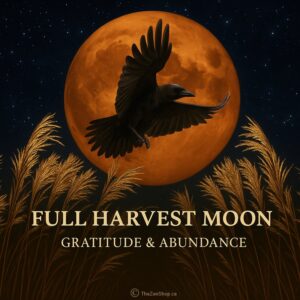 Full Harvest Moon with black raven over golden wheat — Gratitude & Abundance | The Zen Shop Oshawa