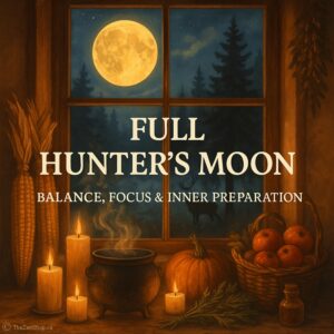 Full Hunter’s Moon spiritual scene — glowing full moon above a forest viewed from a rustic window with candles, herbs, pumpkin, and apples on a wooden table. Symbolic of balance, focus, and inner preparation. The Zen Shop Oshawa
