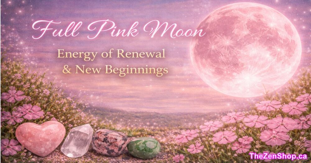 Full Pink Moon glowing over spring flowers and crystals with text “Energy of Renewal & New Beginnings” – spiritual moon energy blog image