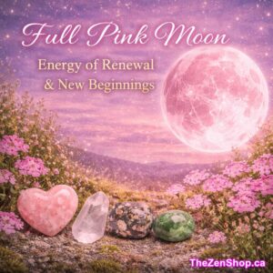Full Pink Moon with pink blossoms and healing crystals symbolizing renewal, growth, and new beginnings in spring