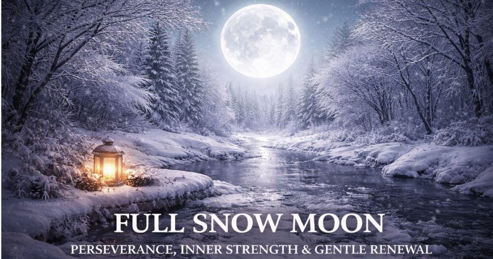 The Full Snow Moon shining over a quiet winter landscape with a lantern by a frozen stream
