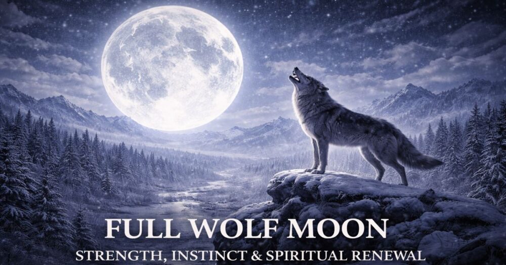 Full Wolf Moon illuminating a lone wolf howling on a snowy mountain peak beneath a glowing winter sky