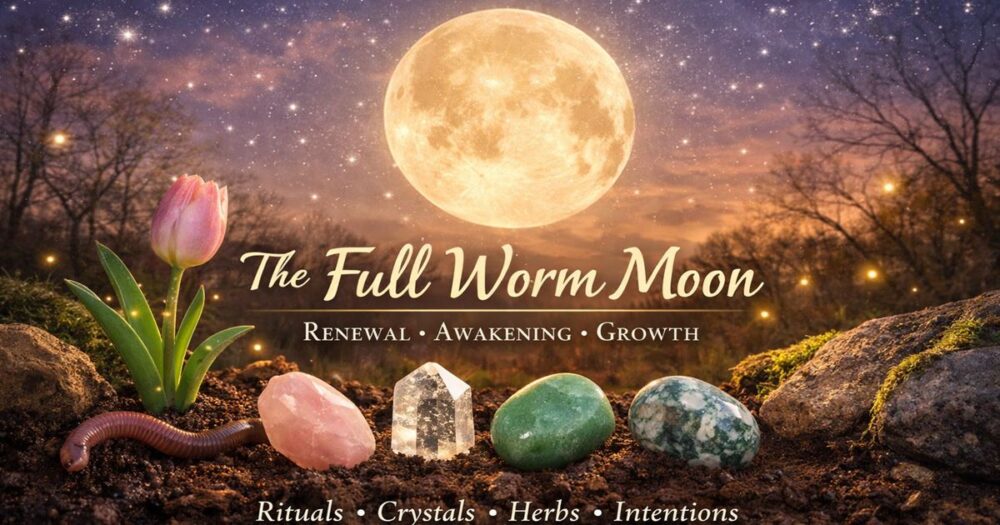 Full Worm Moon rising over spring landscape with crystals, tulip and earth symbolizing renewal and growth