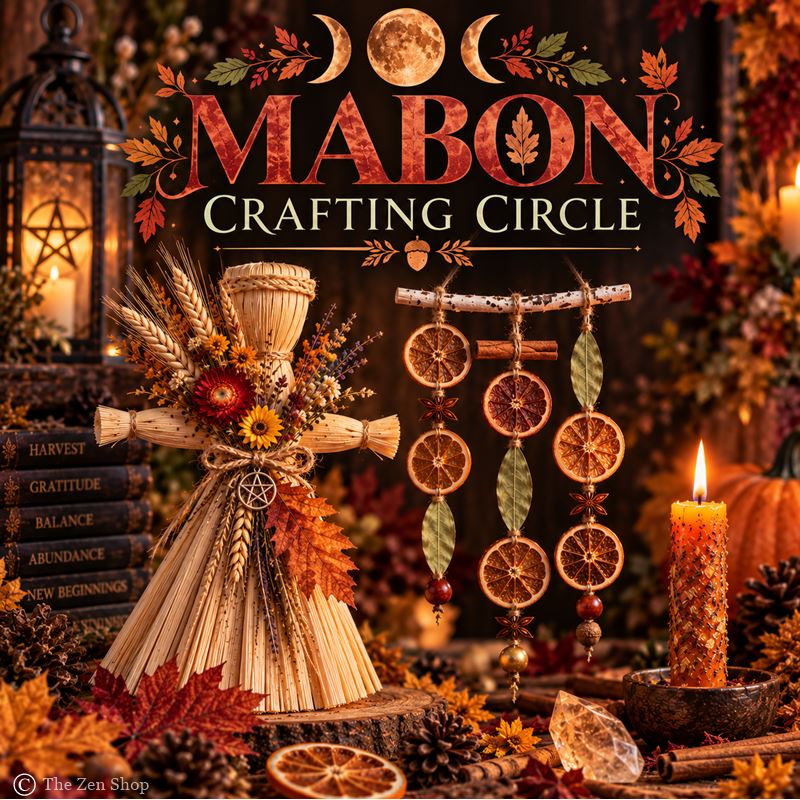 Mabon Crafting Circle at The Zen Shop in Oshawa featuring a corn dolly, dried citrus sun catcher and herb-dressed spell candle for the Autumn Equinox