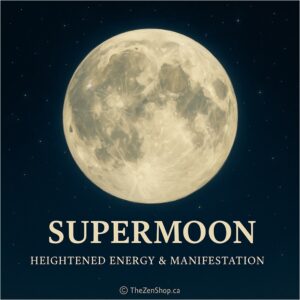 Centered white Supermoon glowing in a deep indigo night sky with reflection on water — Heightened Energy & Manifestation Power | The Zen Shop Oshawa