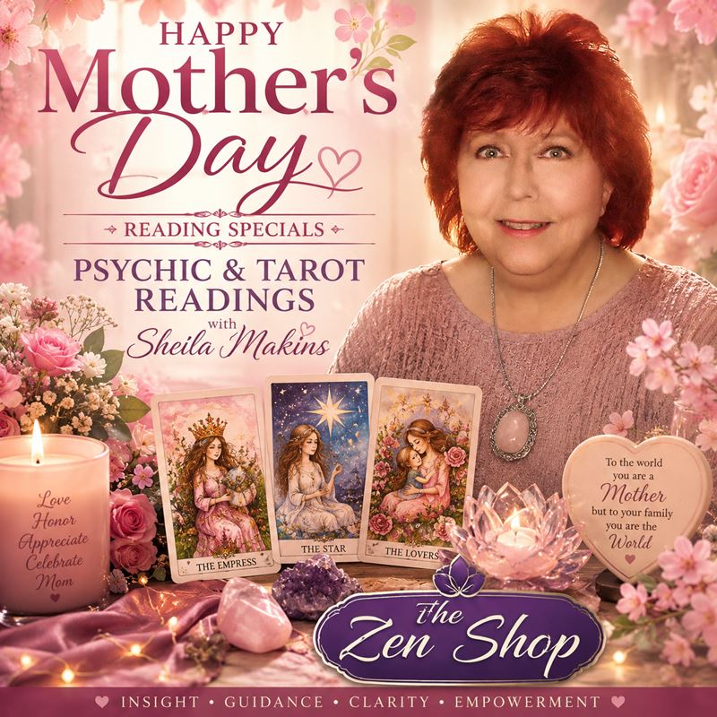 Mother’s Day Psychic and Tarot Reading Specials with Sheila Makins at The Zen Shop Oshawa featuring pink floral theme, tarot cards, crystals and candles
