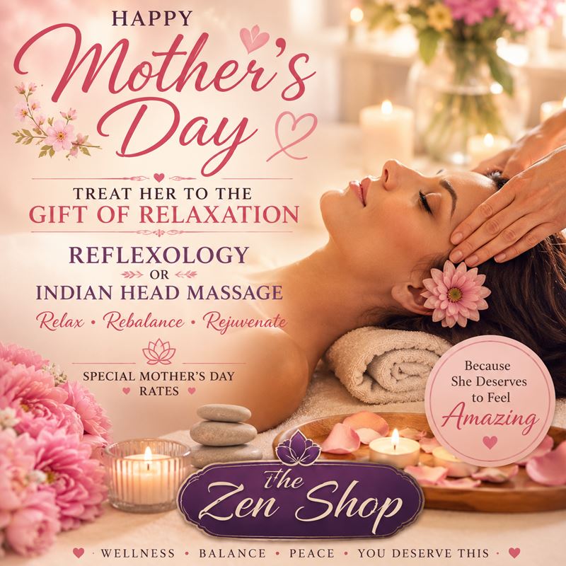 Mother’s Day reflexology and Indian head massage spa special at The Zen Shop Oshawa featuring relaxing massage scene with candles, flowers and soft pink wellness theme