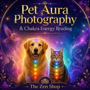 Pet Aura Photography and Chakra Energy Reading graphic from The Zen Shop featuring a golden dog and tabby cat with glowing chakra colours, surrounded by a mystical aura background with bird, rabbit and snake imagery.