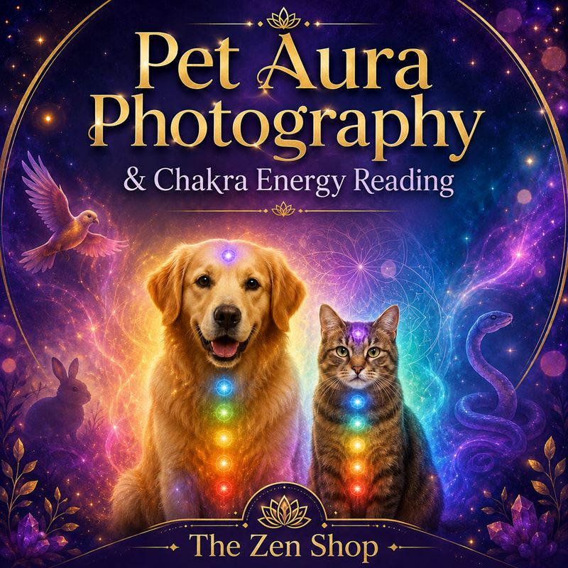 Pet Aura Photography and Chakra Energy Reading graphic from The Zen Shop featuring a golden dog and tabby cat with glowing chakra colours, surrounded by a mystical aura background with bird, rabbit and snake imagery.