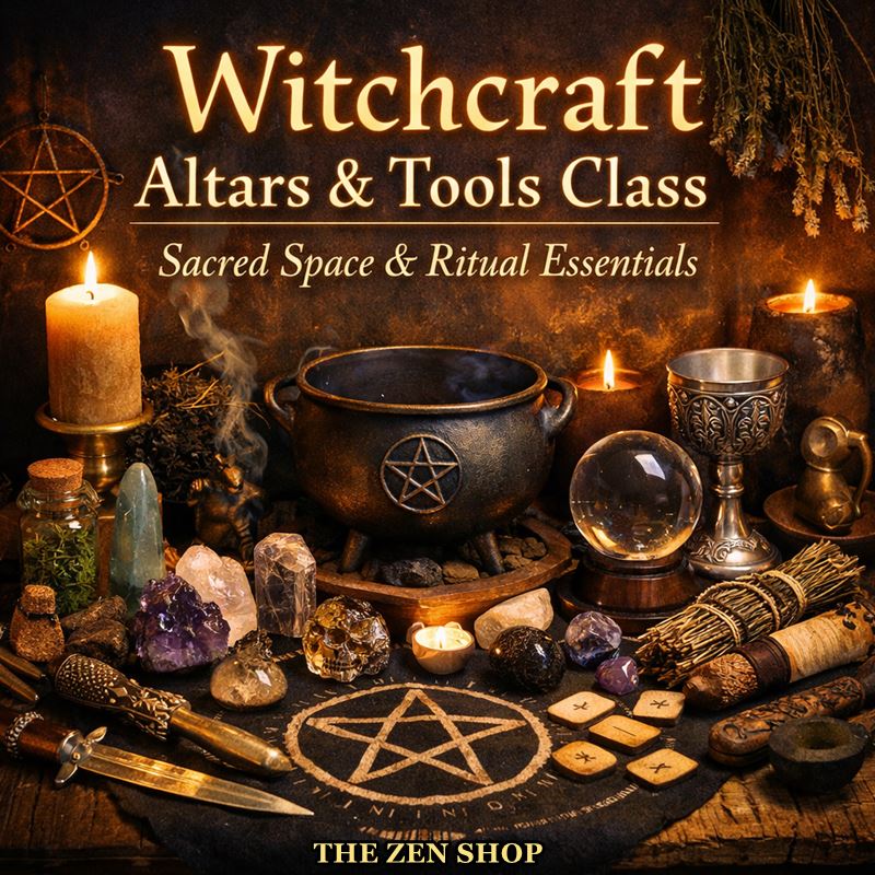 Witchcraft Altars and Tools class image showing a ritual altar with cauldron, candles, crystals and magical tools at The Zen Shop in Oshawa.
