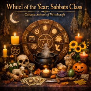 Wheel of the Year Sabbats class image featuring a seasonal altar with cauldron, candles, crystals and symbols of pagan holidays at The Zen Shop in Oshawa.