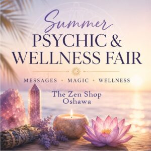 Summer Psychic & Wellness Fair event graphic featuring crystals, sage, candlelight, lotus flower, and a peaceful sunset backdrop with the tagline Messages, Magic & Wellness.